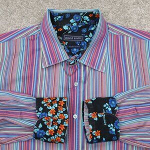 David Smith Flip Cuff Shirt Mens 2XL XXL Colorful Cotton 2 Ply Egyptian Yard L/S